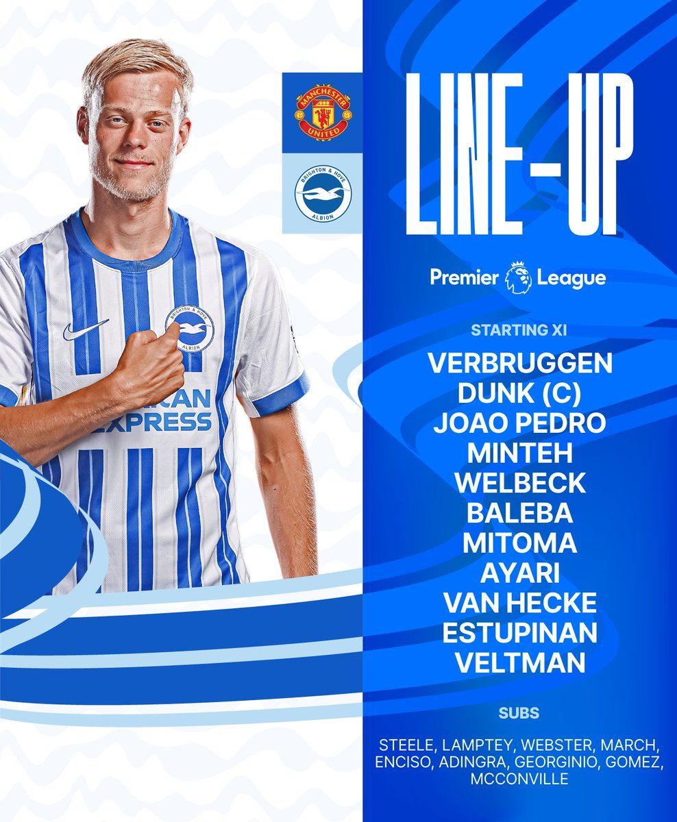 Line up graphic featuring an image of Jan Paul van Hecke in home kit pointing at the BHAFC badge on his shirt. Line up as follows: Verbruggen, Dunk, Joao Pedro, Minteh, Welbeck, Baleba, Mitoma, Ayari, Van Hecke, Estupinan, Veltman. Subs: Steele, Lamptey, Webster, March, Enciso, Adingra, Georginio, Gomez, McConville. Come on, Albion!