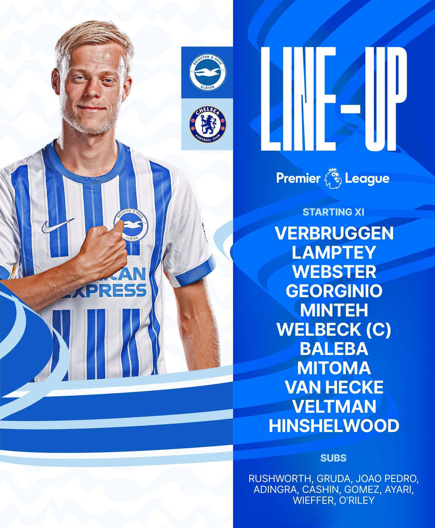 Albion v Chelsea starting XI graphic featuring JP in our home kit: Verbruggen, Lamptey, Webster, Georginio, Minteh, Welbeck (C), Baleba, Mitoma, van Hecke, Veltman, Hinshelwood. Subs: Rushworth, Gruda, Joao Pedro, Adingra, Cashin, Gomez, Ayari, Wieffer, O'Riley. Come on Albion!