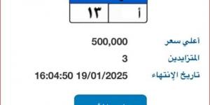 سعرها يصل لـ 500 ألف جنيه.. طرح لوحة سيارة مميزة برقم «ب أ - 13» - أرض المملكة