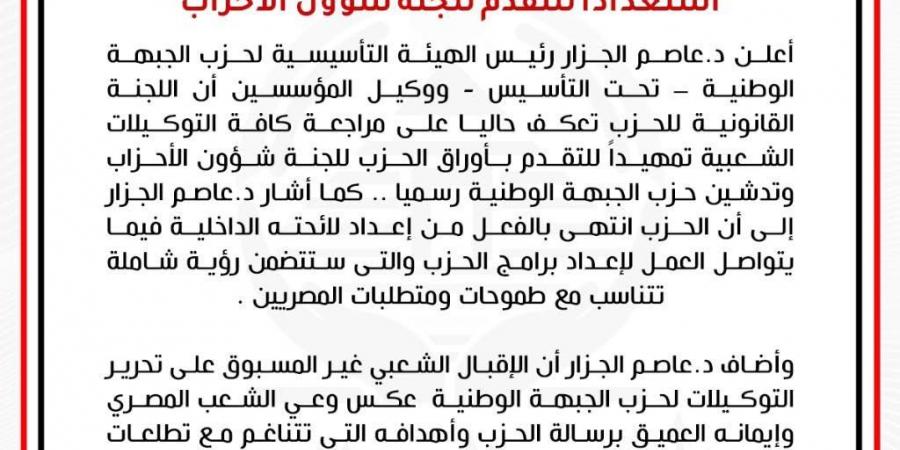 الجبهة الوطنية يعكف على مراجعة كافة التوكيلات استعداداً للتقدم للجنة شؤون الأحزاب - أرض المملكة