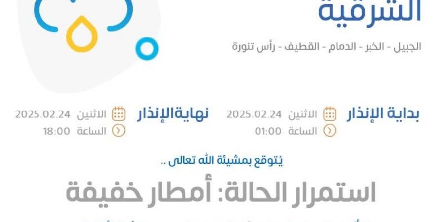 إنذار أصفر.. "الأرصاد" ينبه من أمطار خفيفة على المنطقة الشرقية - أرض المملكة