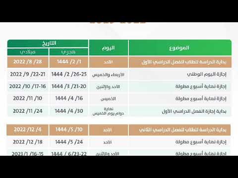 التقويم الدراسي للعام 1444